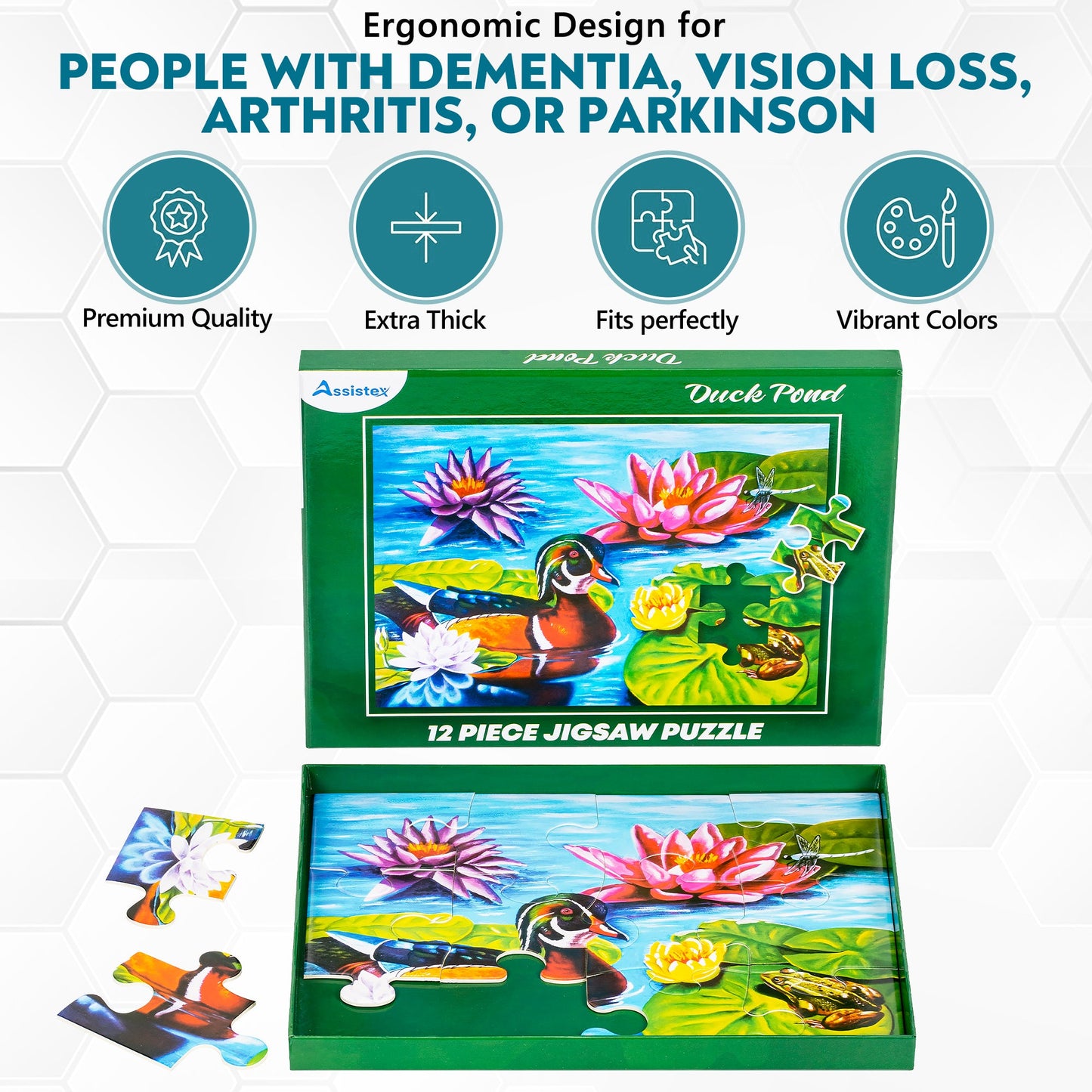 Assistex Duck Pond puzzle feature display showing design for adults with dementia, vision loss, and limited mobility — Assistex via EOWD Autism Living