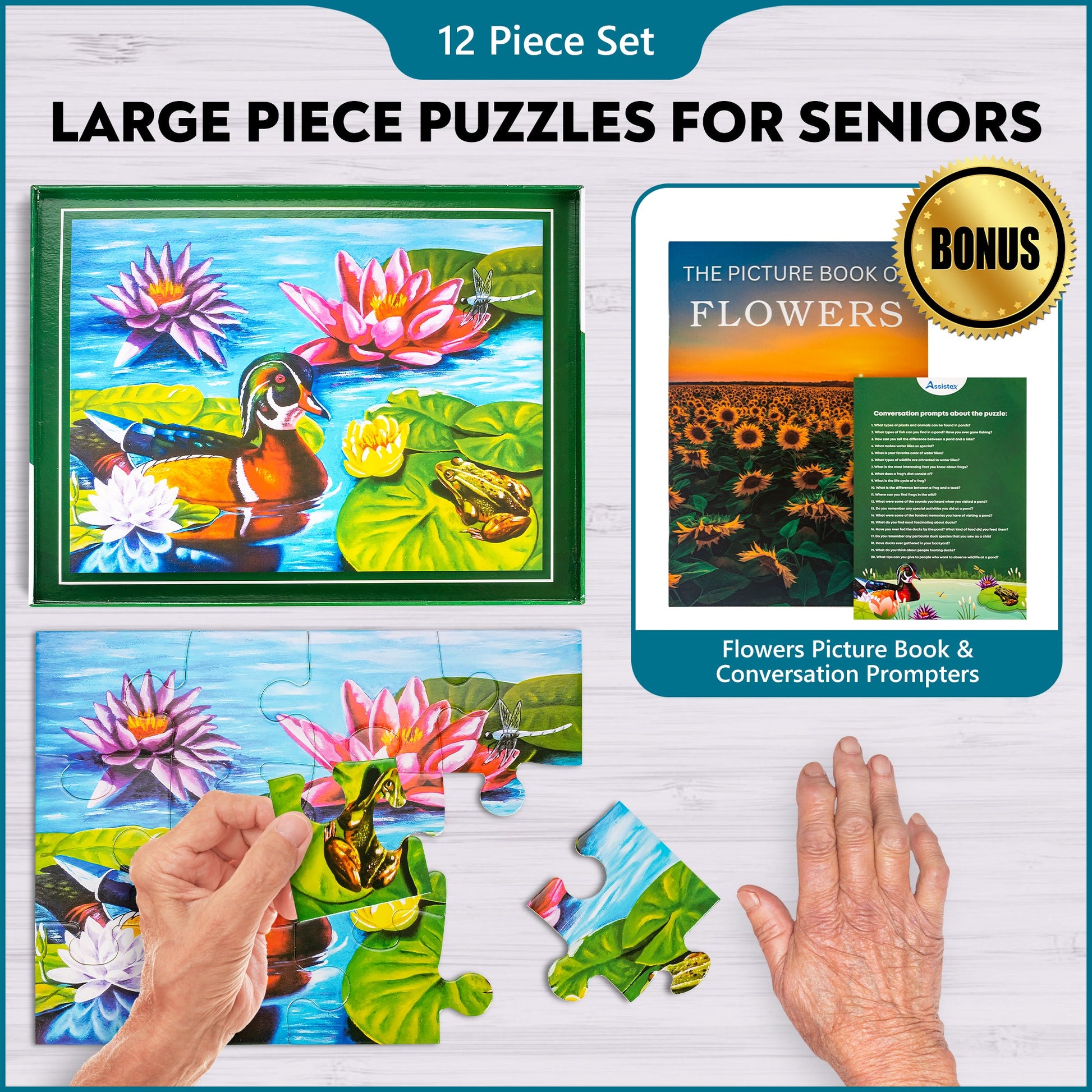 Assistex large piece puzzles for seniors display showing easy-grip large piece features with Duck Pond puzzle — Assistex via EOWD Autism Living
