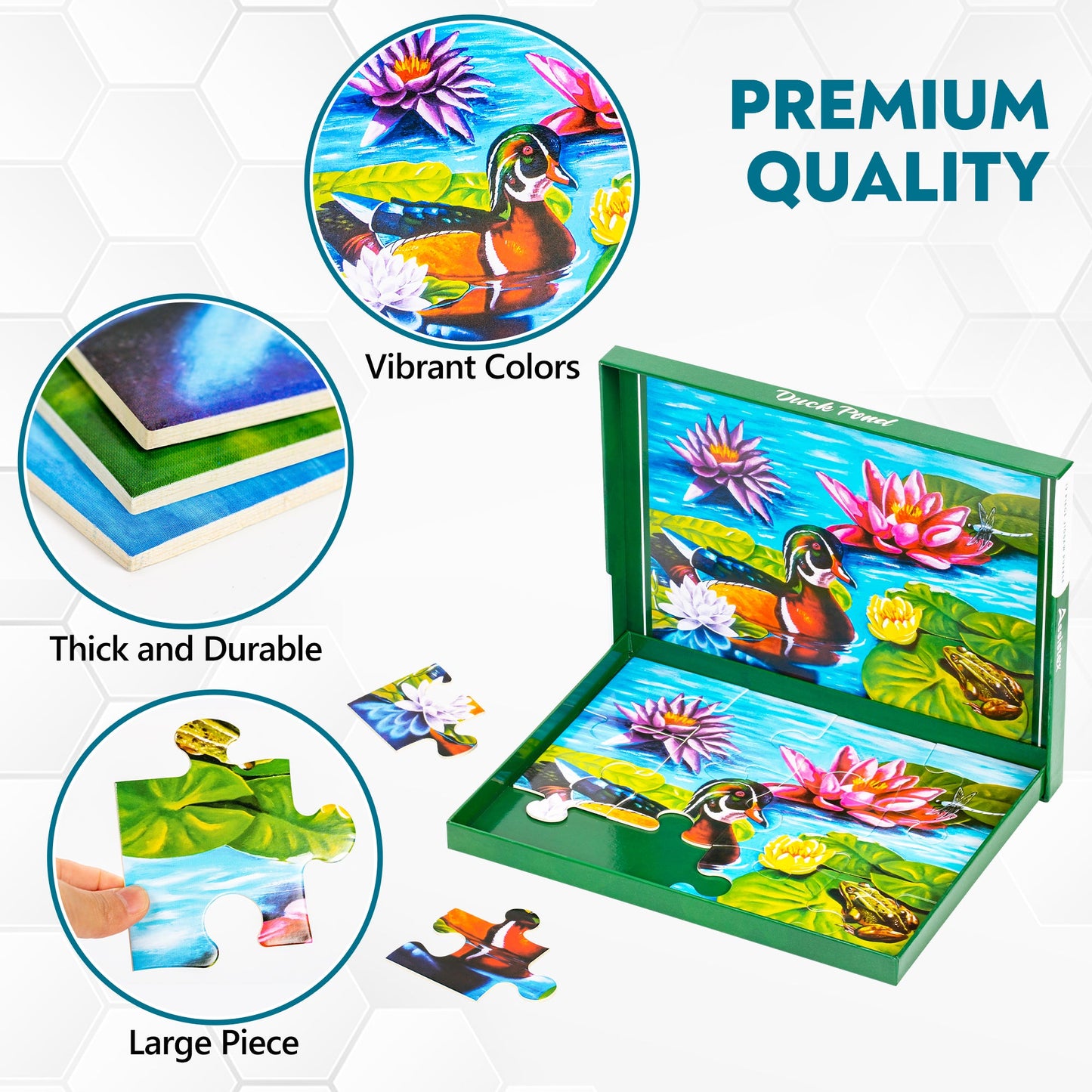 Assistex Duck Pond puzzle premium quality build-in-box feature display showing large piece construction — Assistex via EOWD Autism Living