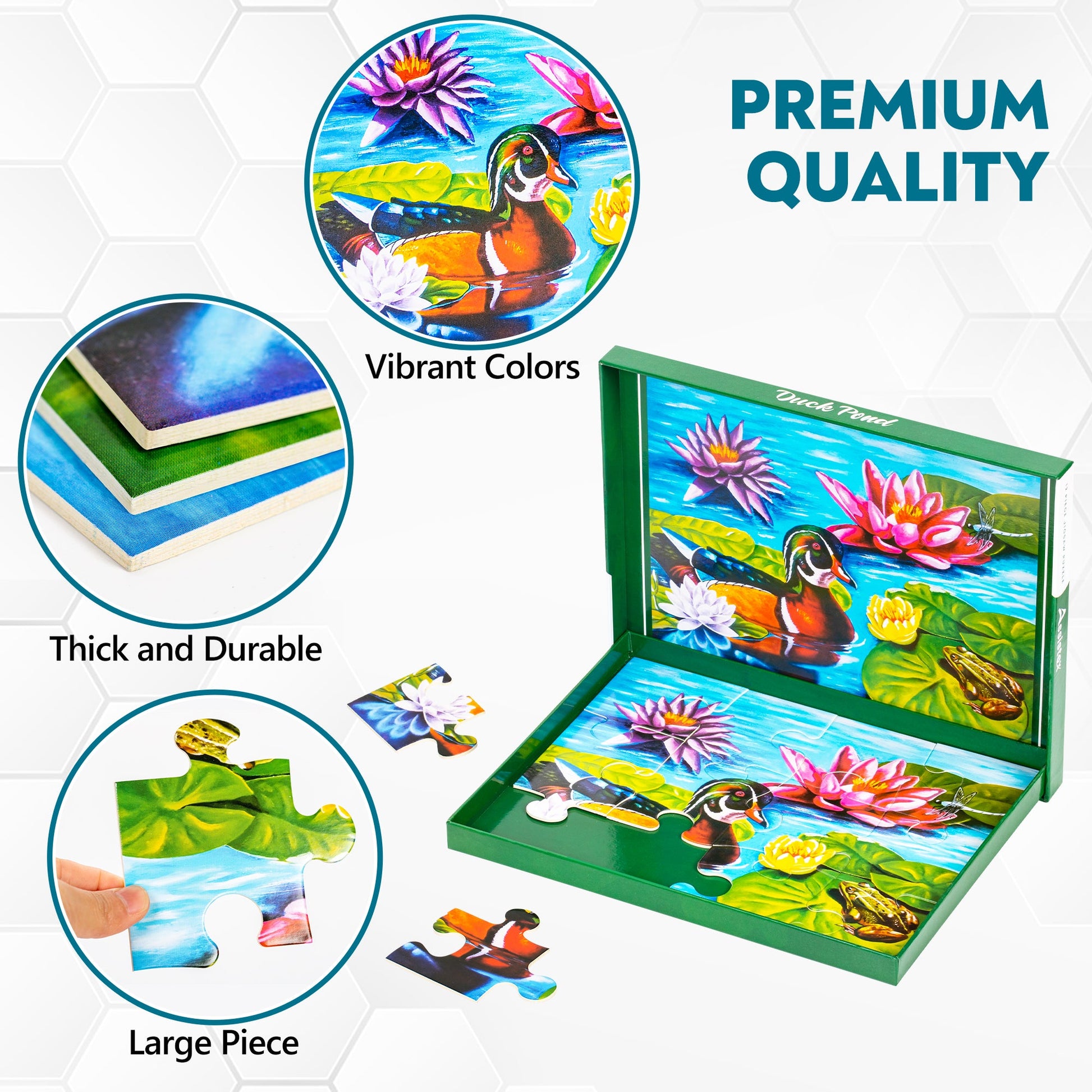 Assistex Duck Pond puzzle premium quality build-in-box feature display showing large piece construction — Assistex via EOWD Autism Living