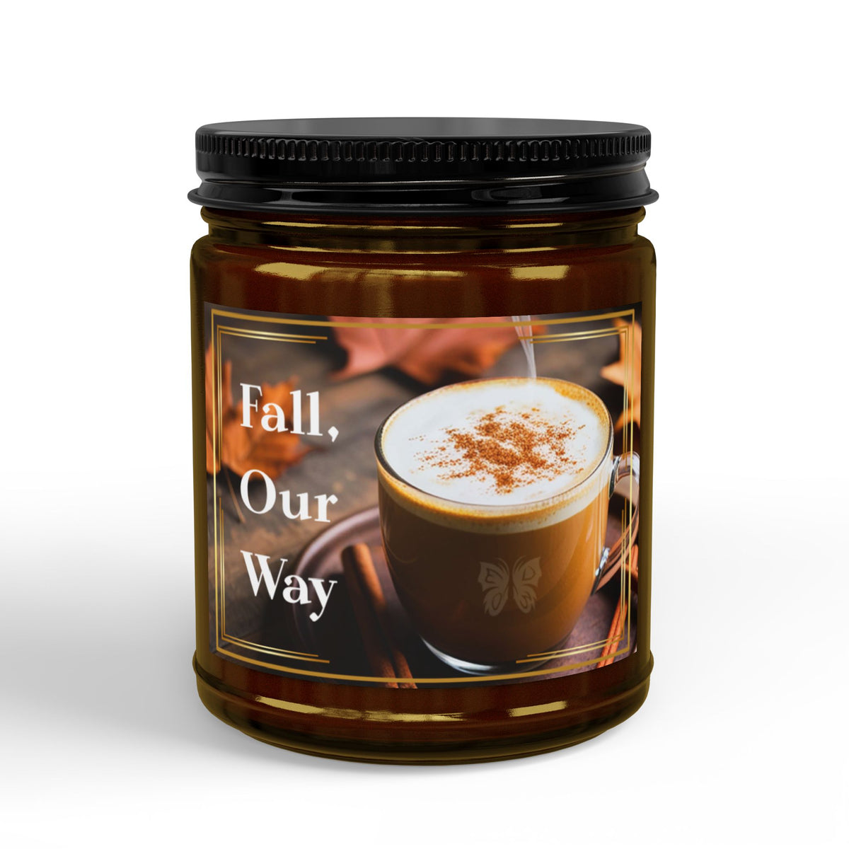 9 oz amber soy candle jar with a black lid and “Fall, Our Way” label showing a warm drink — EOWD Autism Living