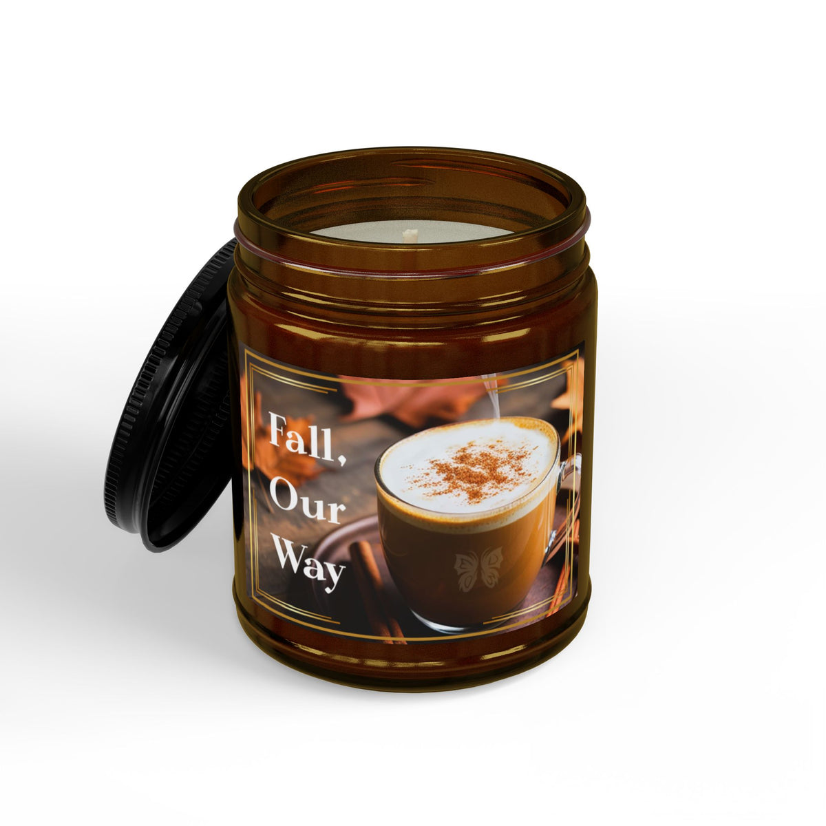 9 oz amber soy candle jar with an open black lid and “Fall, Our Way” label showing a warm drink — EOWD Autism Living