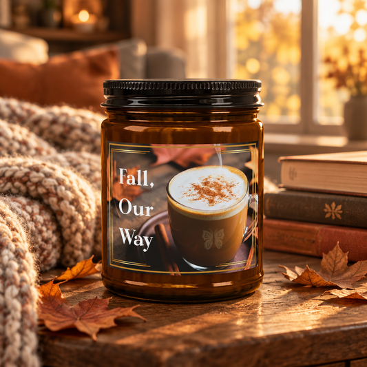 The Fall, Our Way amber soy candle glowing on a wooden table in a cozy autumn living room with a knit blanket, books, and warm window light — EOWD Autism Living