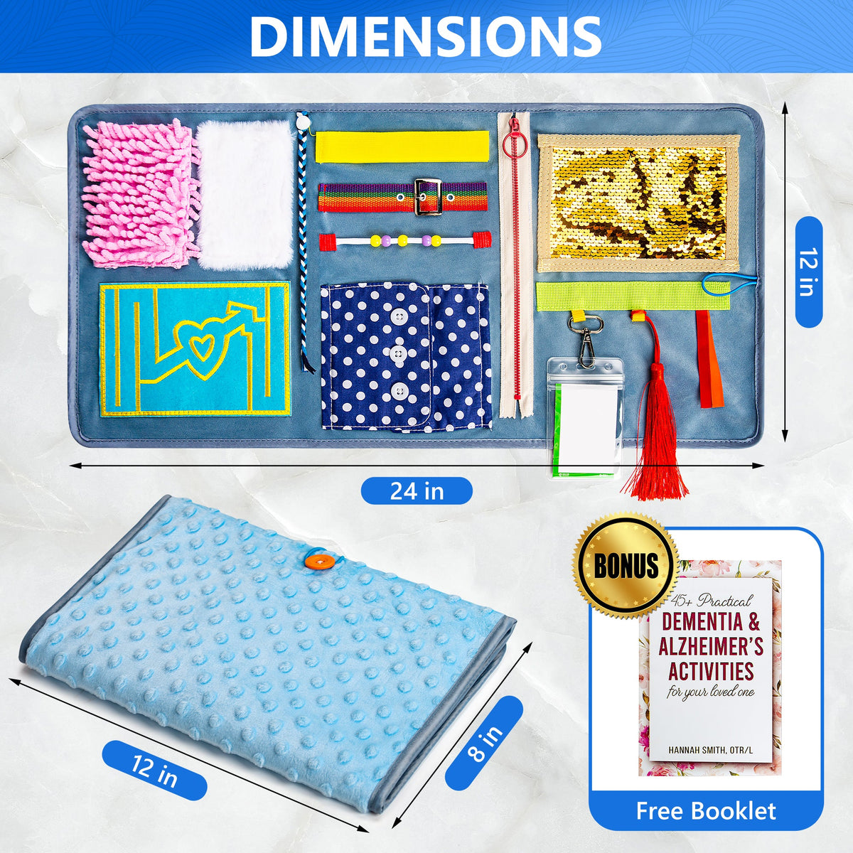 Activity blanket labeled 24 by 12 inches open and 12 by 8 inches folded, with a guide booklet — Assistex via EOWD Autism Living