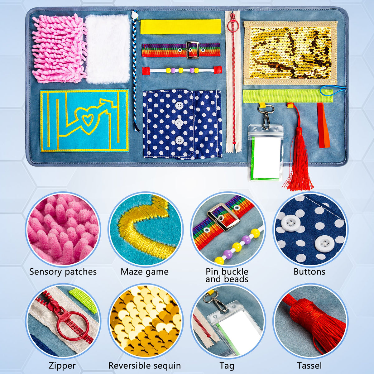 Activity blanket with close-ups of textured patches, buckle, beads, buttons, zipper, sequins, holder, and tassel — Assistex via EOWD Autism Living