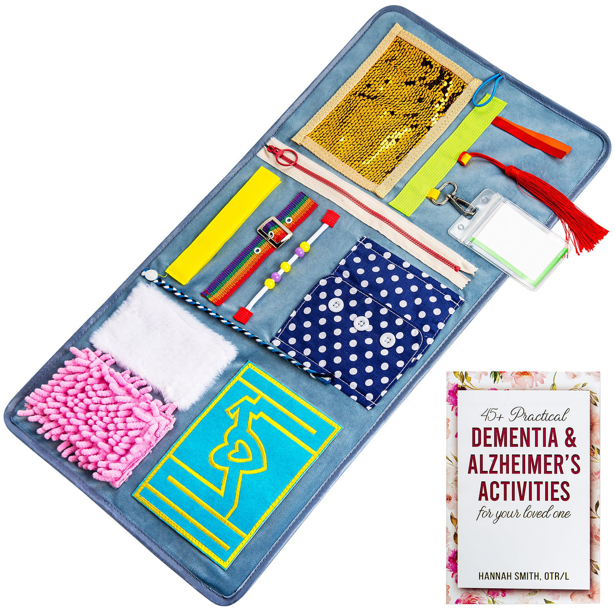 Blue activity blanket with colorful textures and fasteners beside a dementia activity booklet — Assistex via EOWD Autism Living