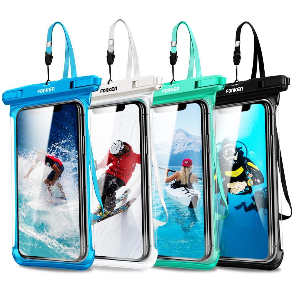 Four Fonken full-view waterproof phone cases with lanyards in blue, white, green, black displayed on white background — STEVVEX Gadgets via EOWD Autism Living