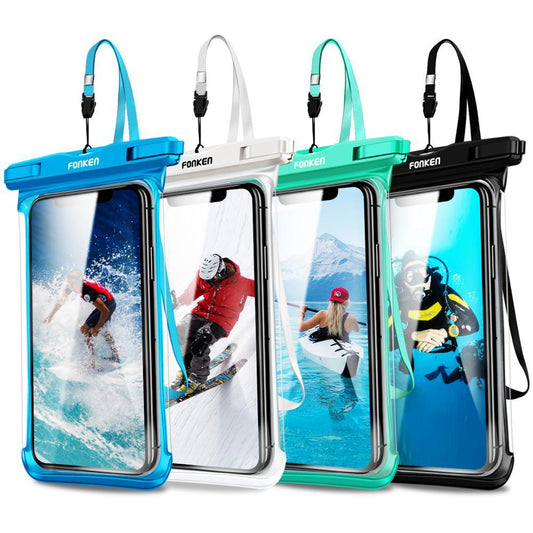 Four Fonken full-view waterproof phone cases with lanyards in blue, white, green, black displayed on white background — STEVVEX Gadgets via EOWD Autism Living