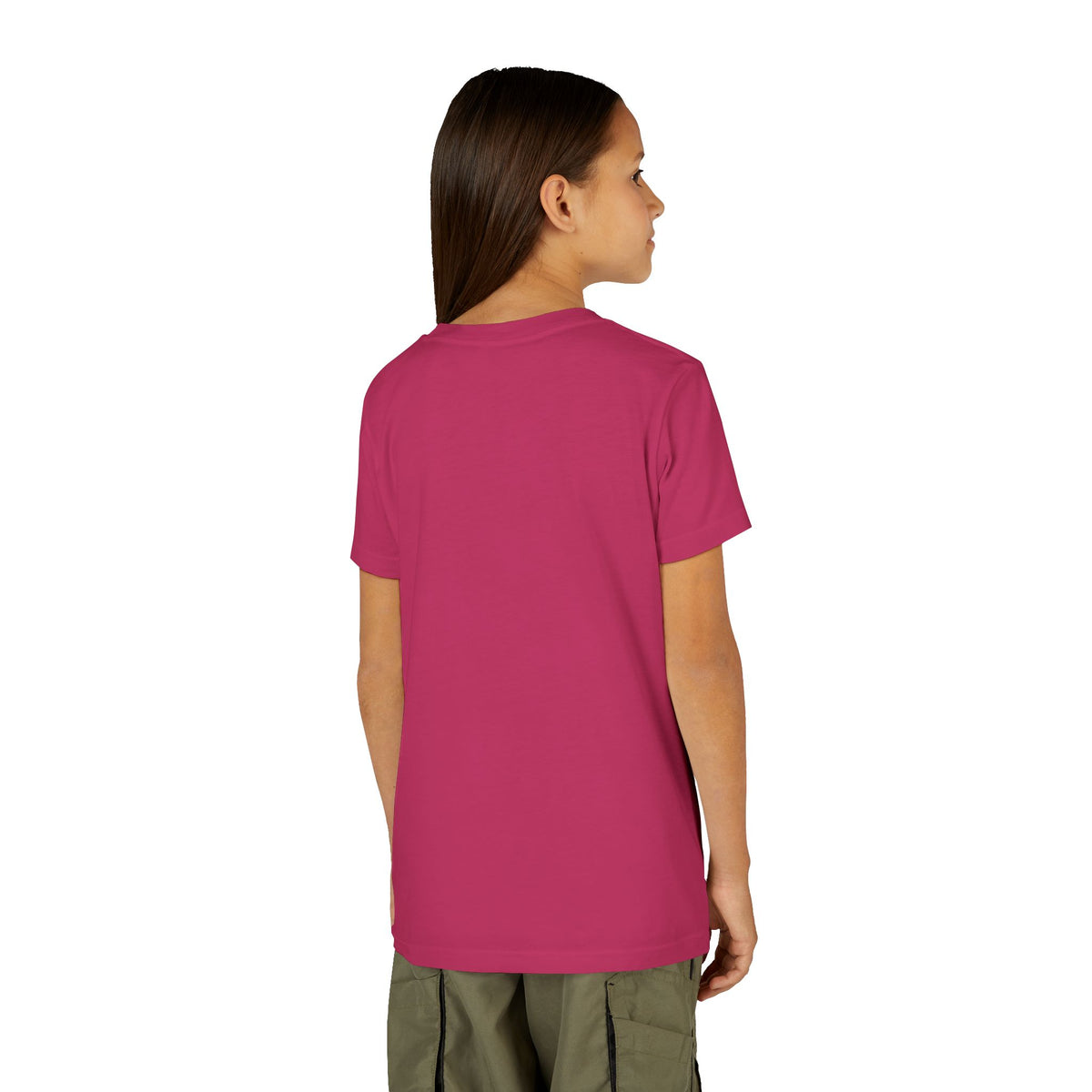 Back view of a model wearing the Berry youth tee — EOWD Autism Living