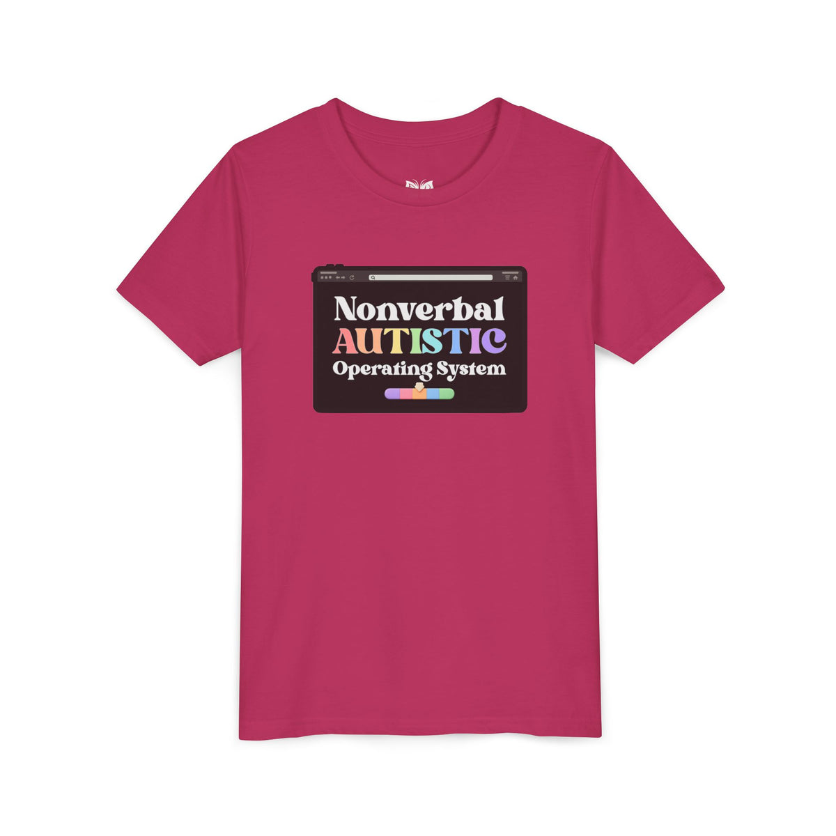 Flat front view of the Berry youth tee showing the “Nonverbal AUTISTIC Operating System” tablet graphic — EOWD Autism Living