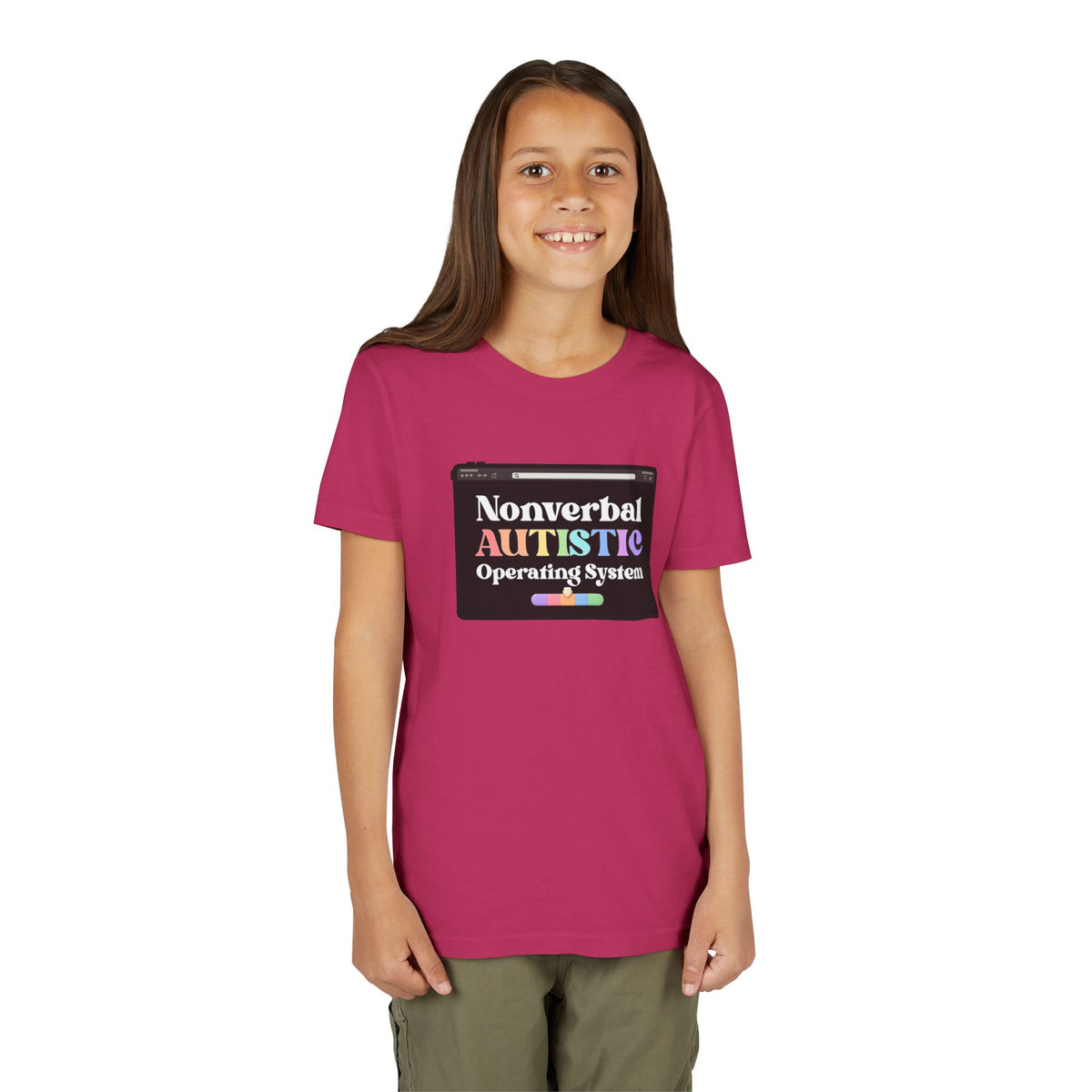 Front view of a model wearing the Berry youth tee with the “Nonverbal AUTISTIC Operating System” tablet graphic — EOWD Autism Living