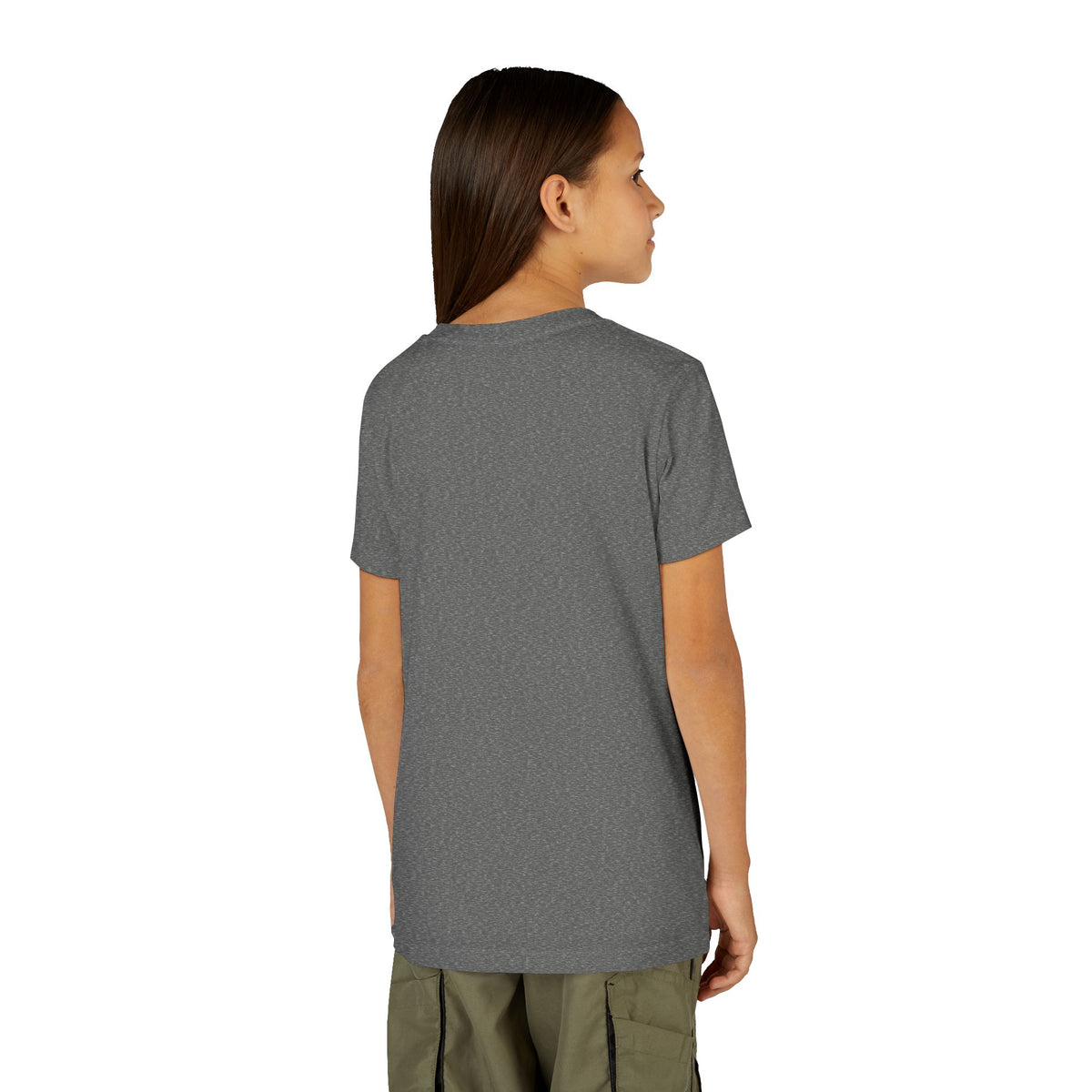 Back view of a model wearing the Deep Heather youth tee — EOWD Autism Living