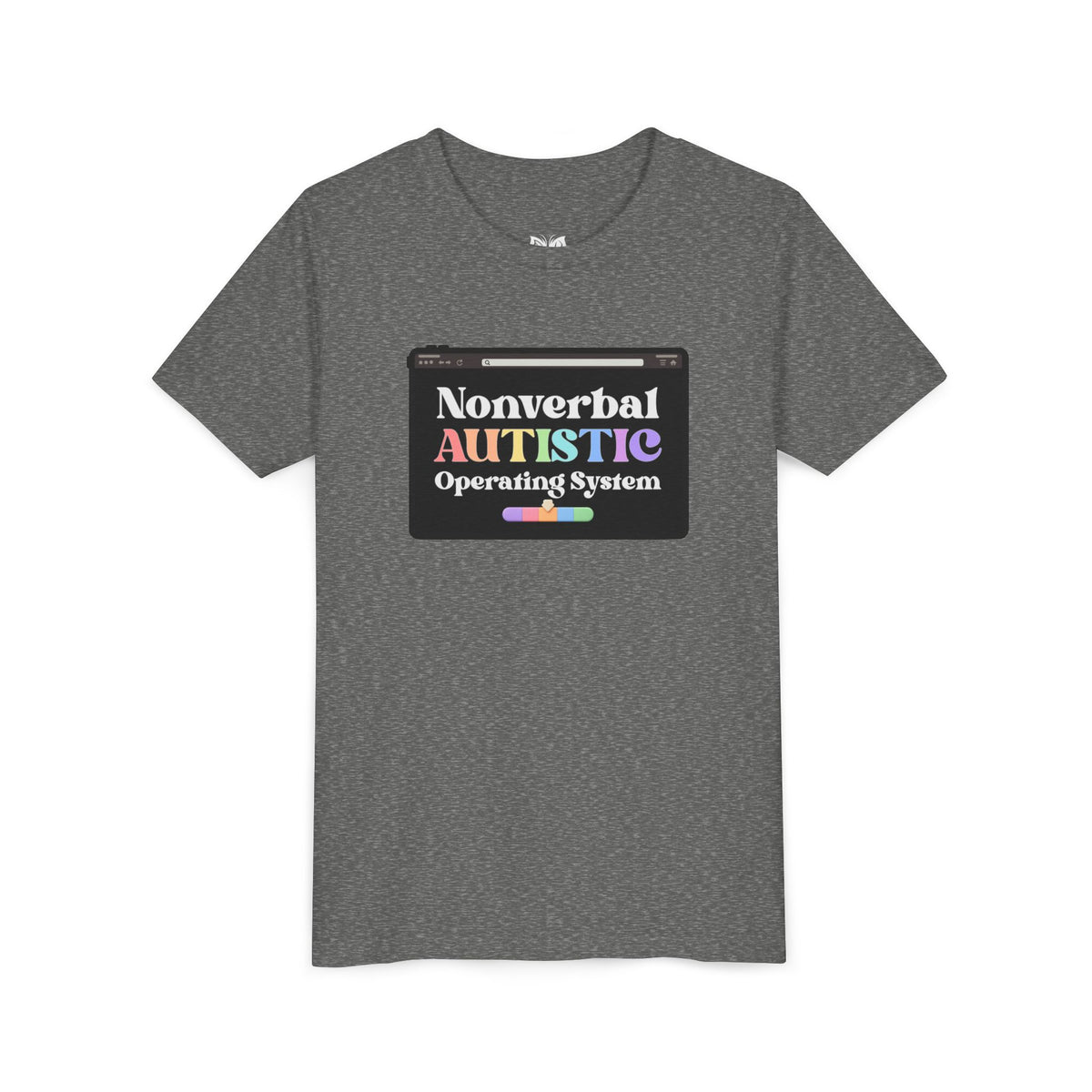 Flat front view of the Deep Heather youth tee showing the “Nonverbal AUTISTIC Operating System” tablet graphic — EOWD Autism Living