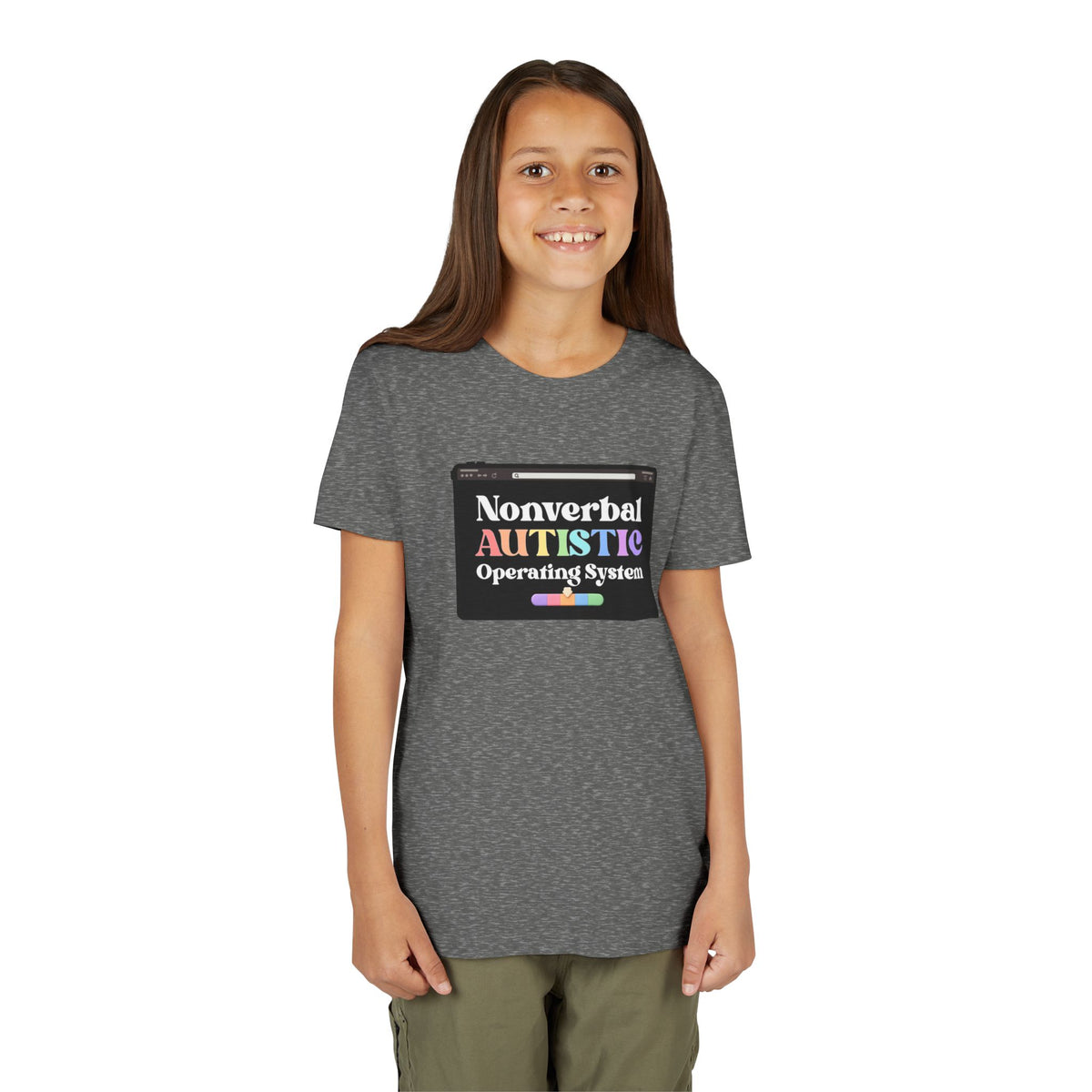 Front view of a model wearing the Deep Heather youth tee with the “Nonverbal AUTISTIC Operating System” tablet graphic — EOWD Autism Living