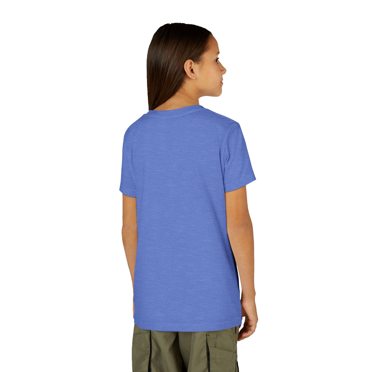 Back view of a model wearing the Heather Columbia Blue youth tee — EOWD Autism Living
