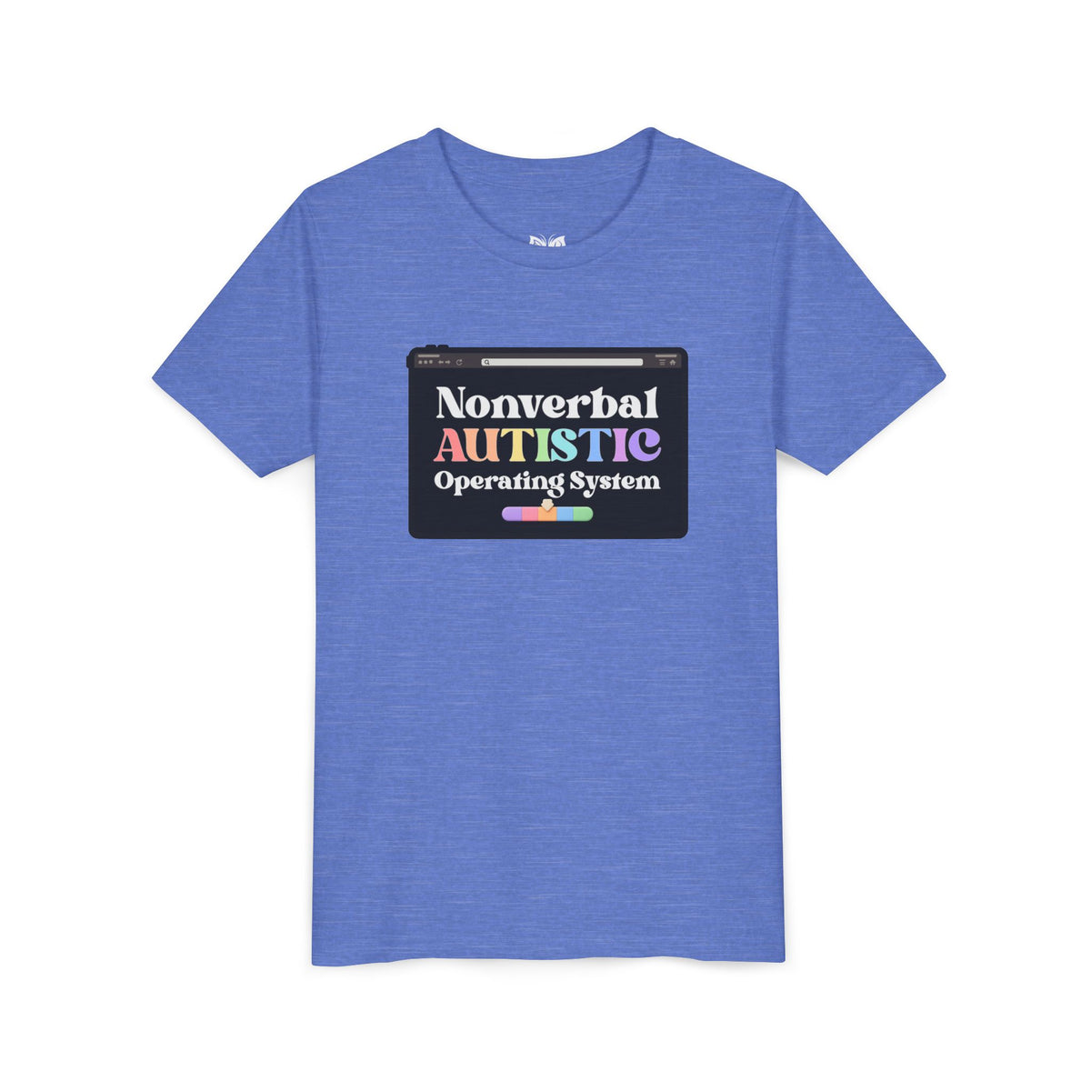 Flat front view of the Heather Columbia Blue youth tee showing the “Nonverbal AUTISTIC Operating System” tablet graphic — EOWD Autism Living