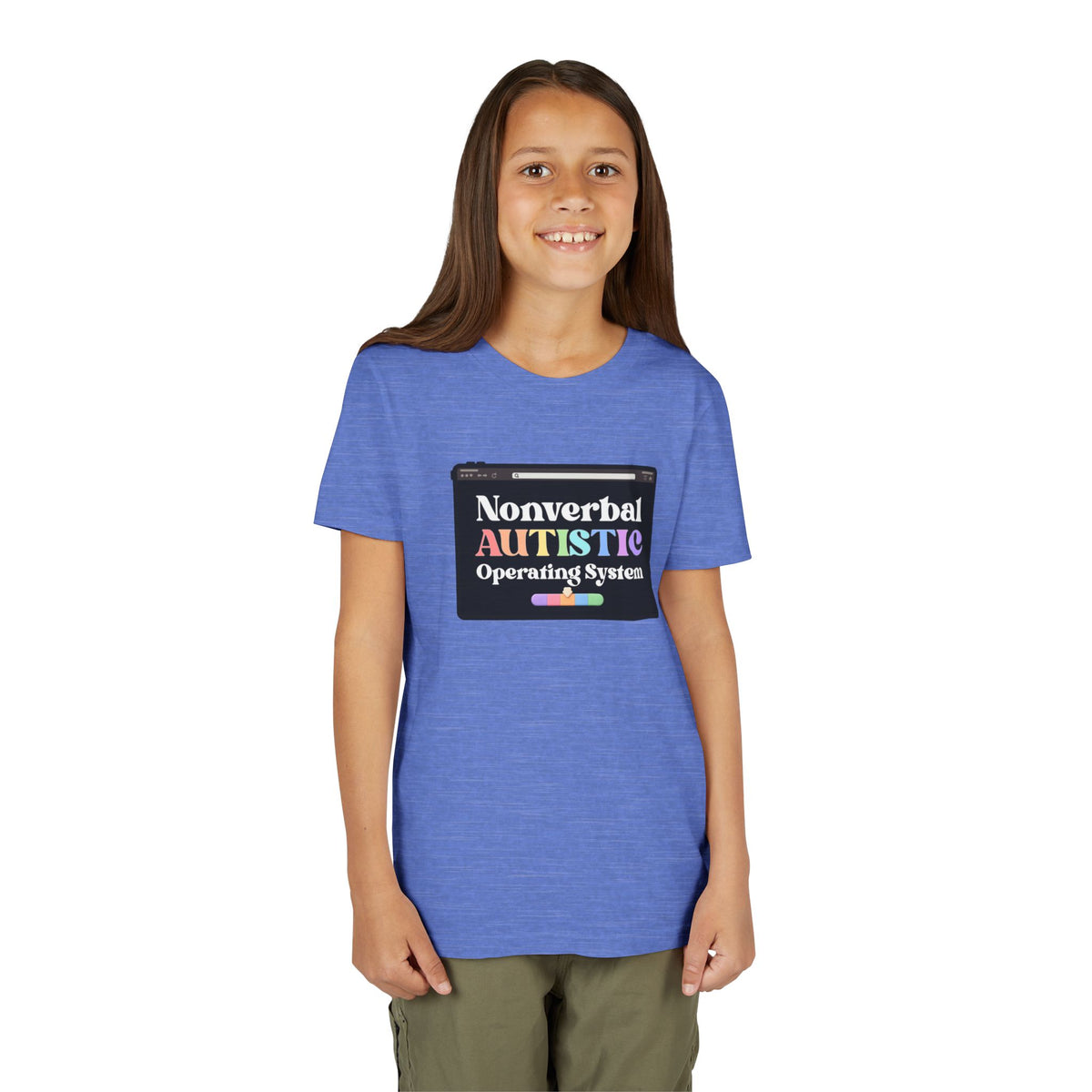 Front view of a model wearing the Heather Columbia Blue youth tee with the “Nonverbal AUTISTIC Operating System” tablet graphic — EOWD Autism Living