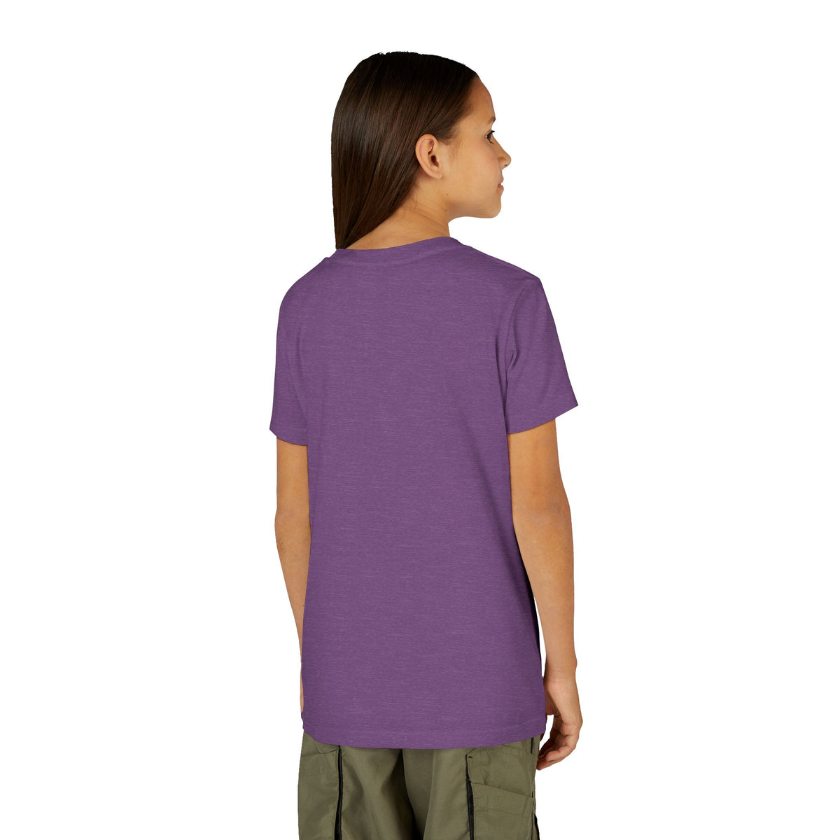 Back view of a model wearing the Heather Team Purple youth tee — EOWD Autism Living