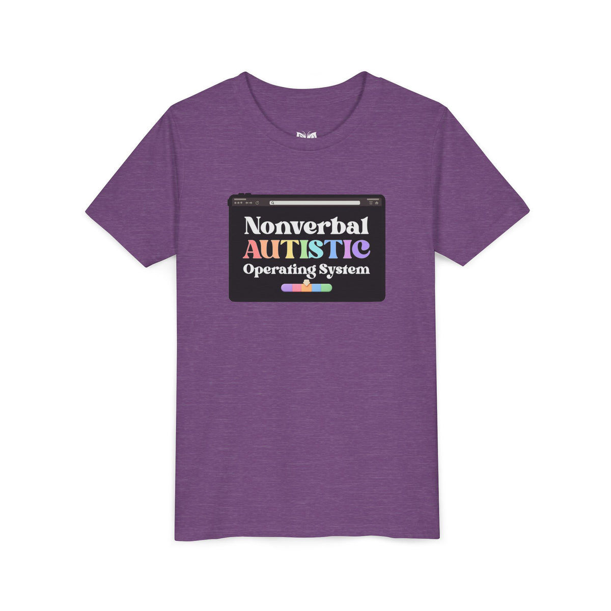 Flat front view of the Heather Team Purple youth tee showing the “Nonverbal AUTISTIC Operating System” tablet graphic — EOWD Autism Living