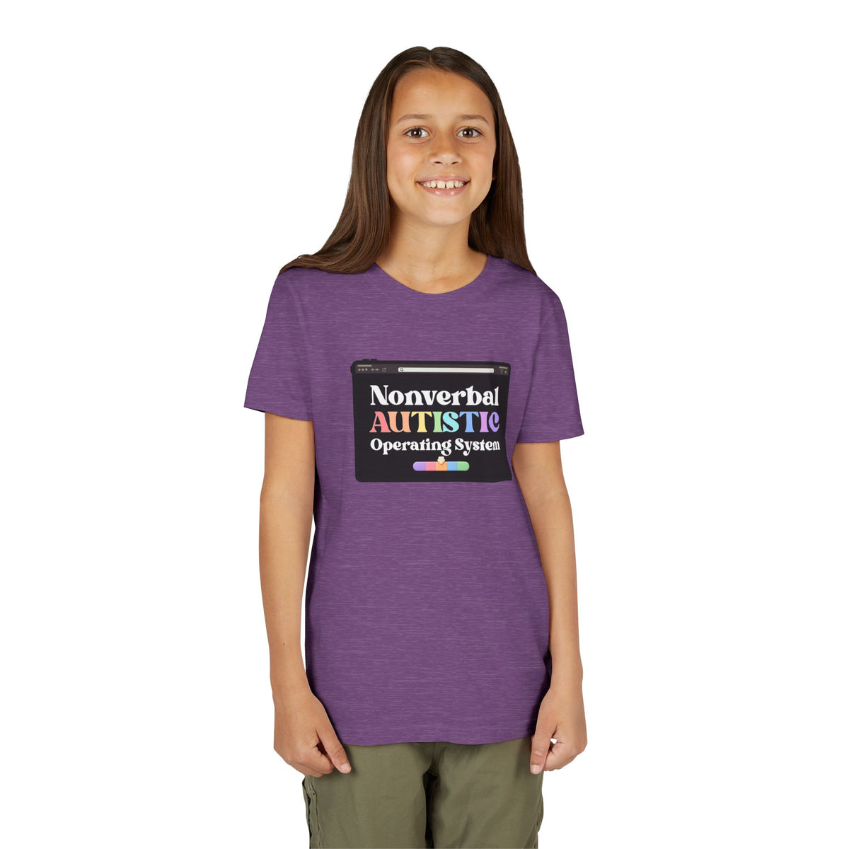 Front view of a model wearing the Heather Team Purple youth tee with the “Nonverbal AUTISTIC Operating System” tablet graphic — EOWD Autism Living