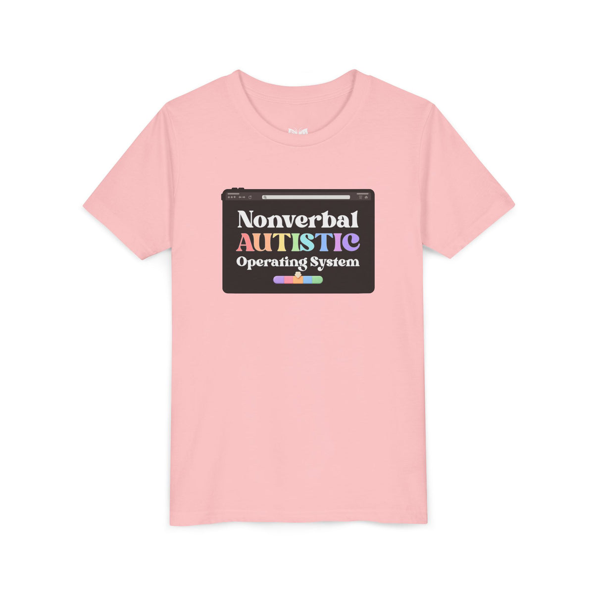 Flat front view of the Pink youth tee showing the “Nonverbal AUTISTIC Operating System” tablet graphic — EOWD Autism Living