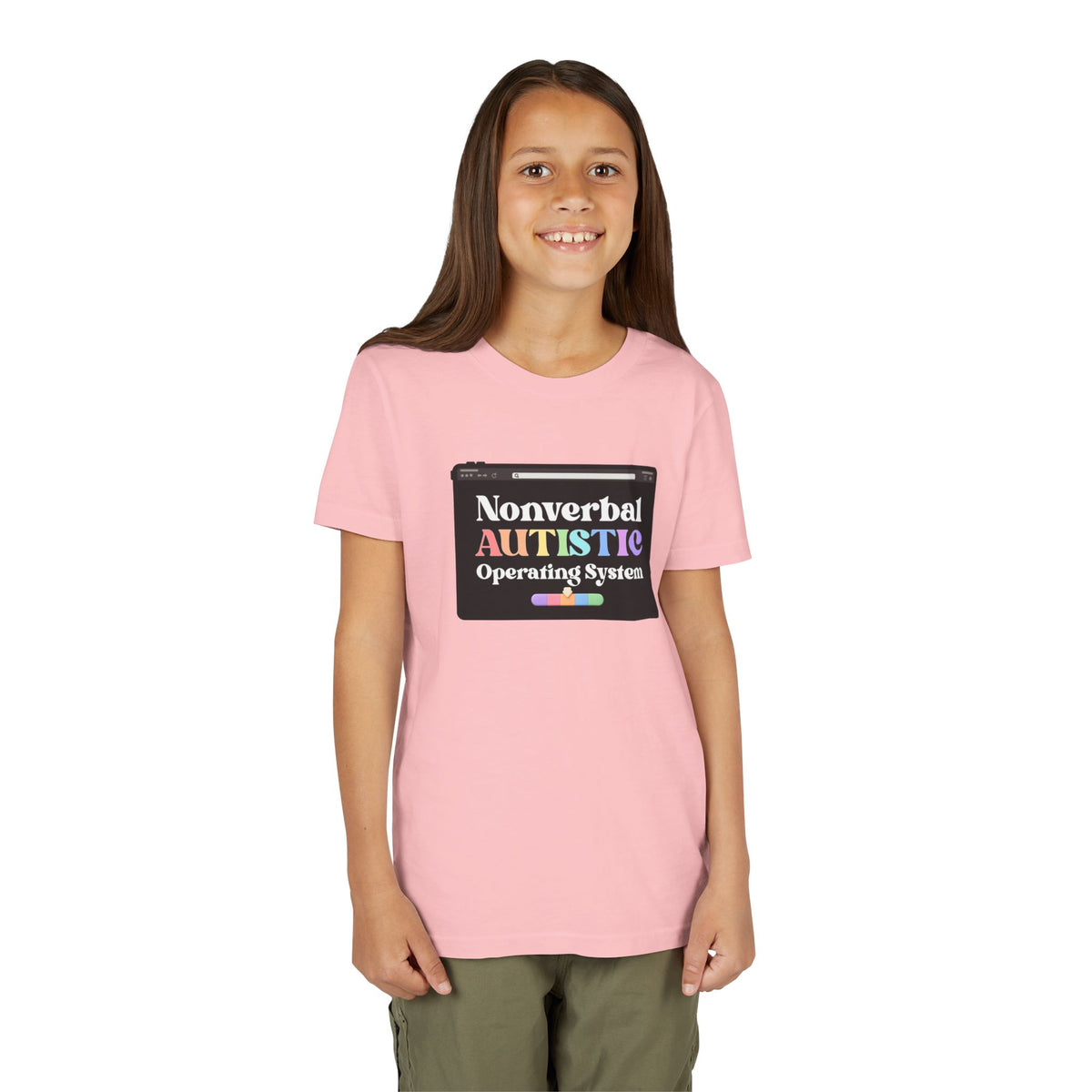 Front view of a model wearing the Pink youth tee with the “Nonverbal AUTISTIC Operating System” tablet graphic — EOWD Autism Living