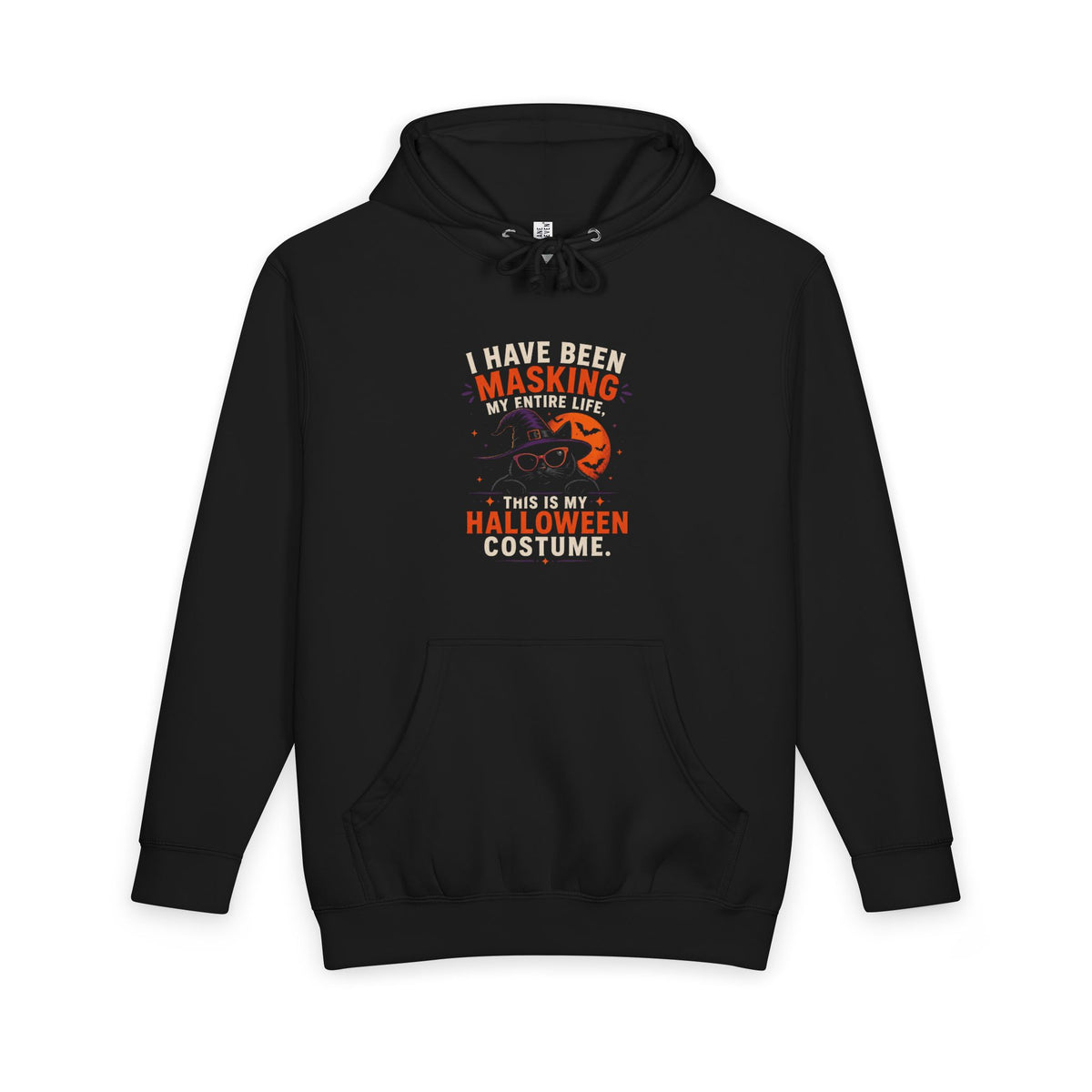 Front of a black hoodie with white and orange masking-themed wording, a cat in a purple witch hat and orange sunglasses, an orange moon, and bats — EOWD Autism Living