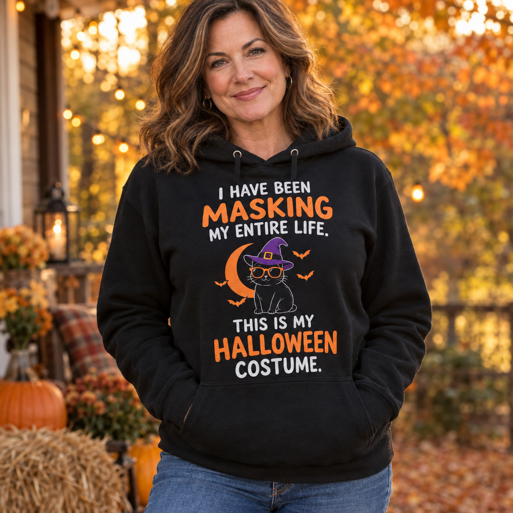 A woman in her 40s wearing the black Halloween masking hoodie with its cat-in-a-witch-hat and orange moon graphic and blue jeans, standing outdoors in a warm autumn evening setting — EOWD Autism Living