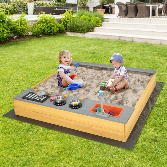 Wooden Sandbox Kids Sand Pit with Kitchen Play Accessories for 3-8 Years Old