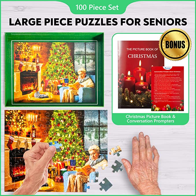Large Piece Puzzles for Seniors packaging callout graphic on white background — Assistex via EOWD Autism Living