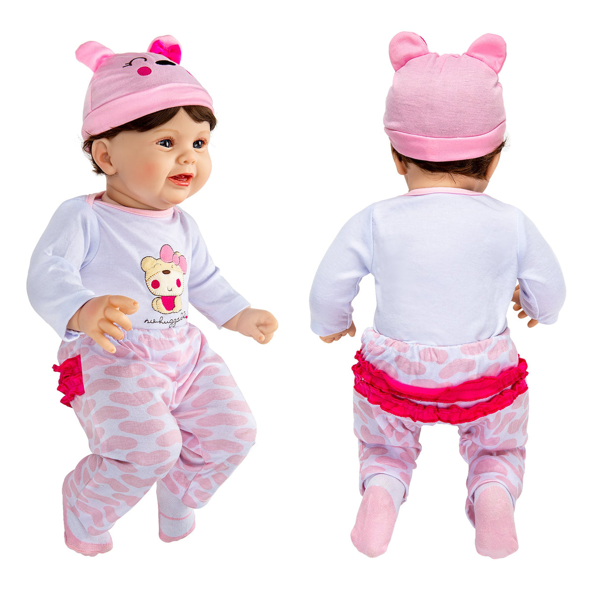 Front and back views of a baby doll wearing a pink hat, white top, and pink patterned trousers — Assistex via EOWD Autism Living