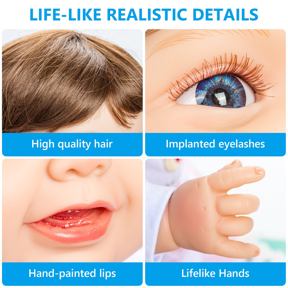 Close-ups of the doll’s brown hair, blue eye with eyelashes, painted lips, and hand — Assistex via EOWD Autism Living