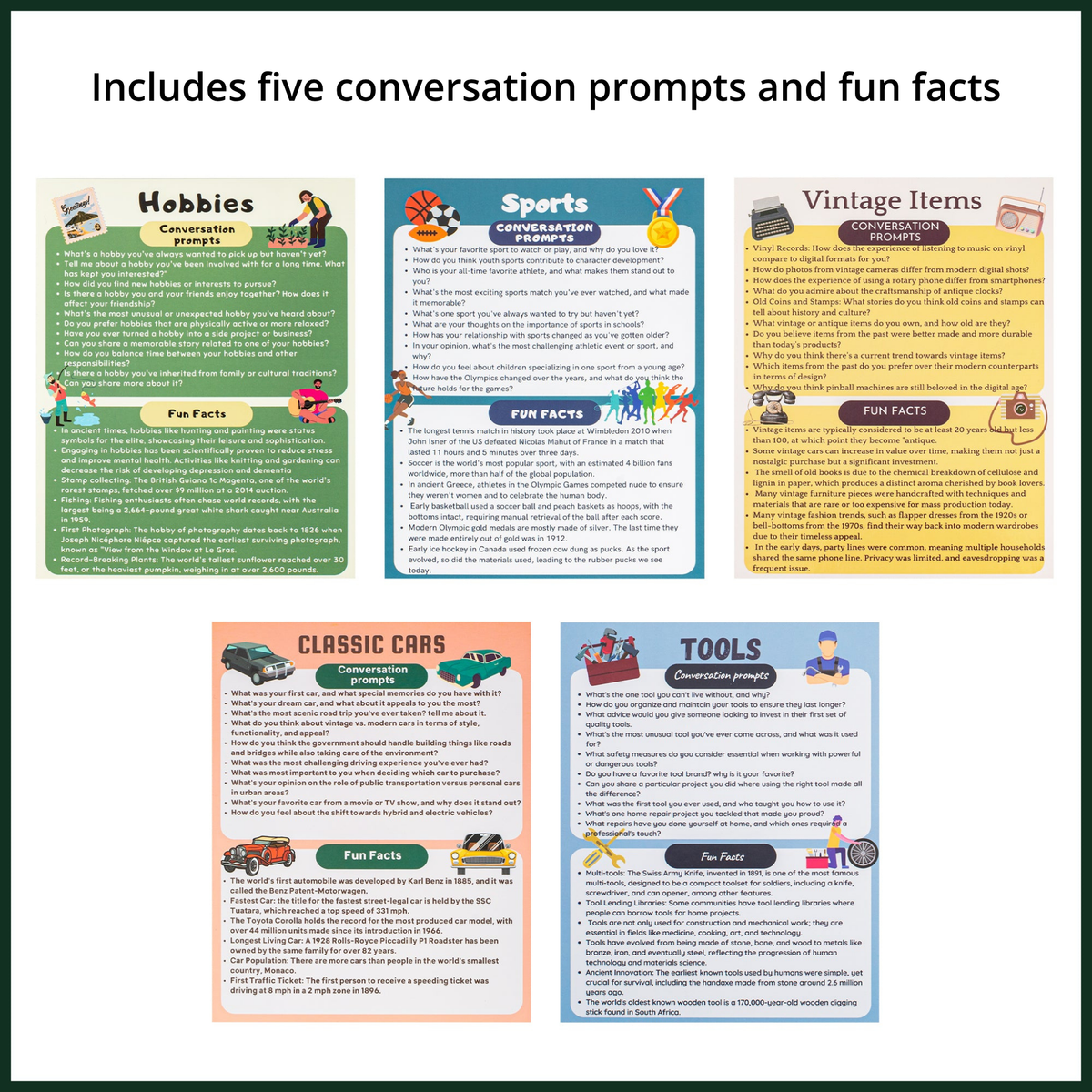 Five colored conversation-prompt flyers titled Hobbies, Sports, Vintage Items, Classic Cars, and Tools — Assistex via EOWD Autism Living