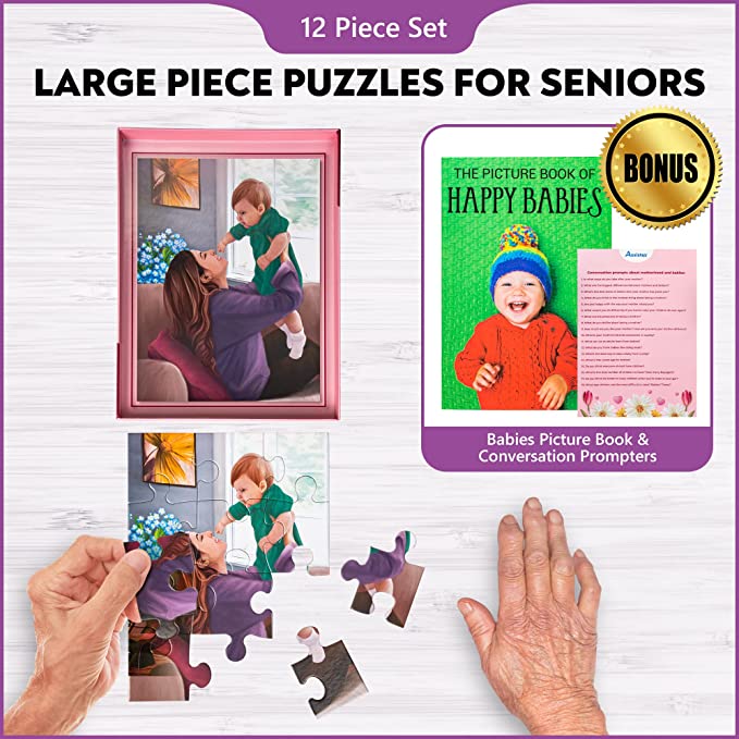 Assistex large piece puzzle collection display showing Mother's Love and companion puzzle titles for seniors — Assistex via EOWD Autism Living