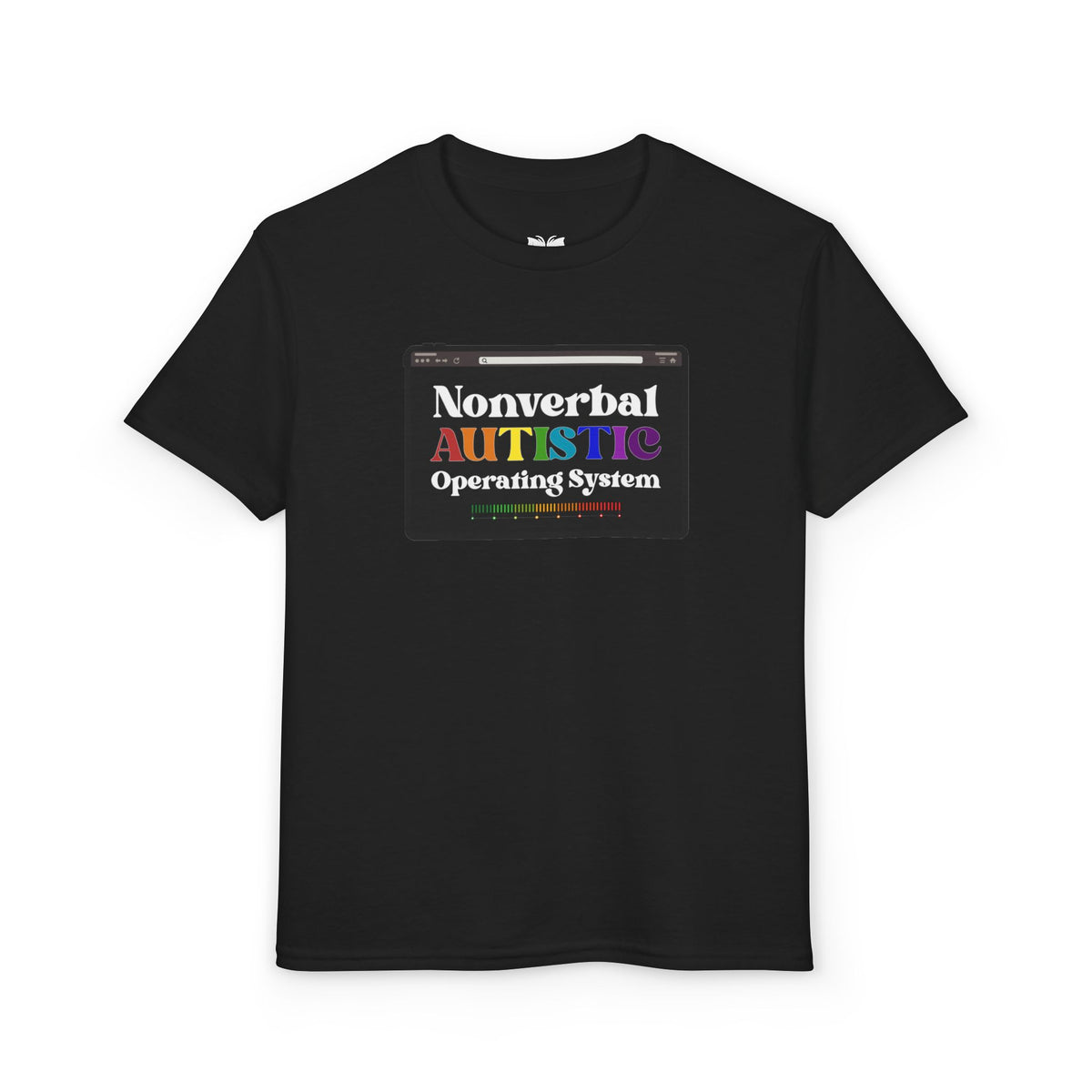 Front view of the black youth T-shirt with the rainbow-accented tablet-style graphic — EOWD Autism Living.