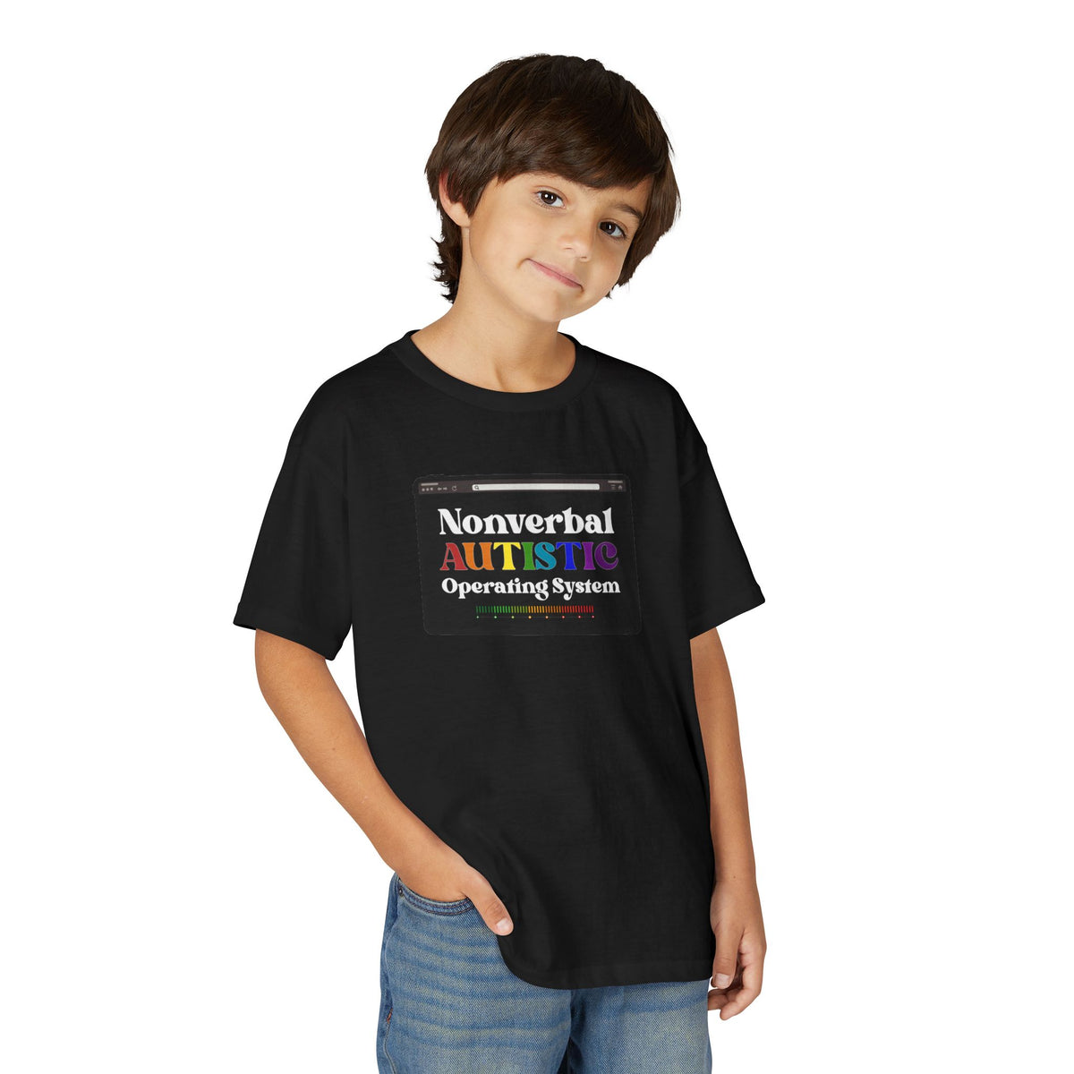 Young person wearing the black youth T-shirt with a rainbow-accented tablet-style graphic on the front — EOWD Autism Living.