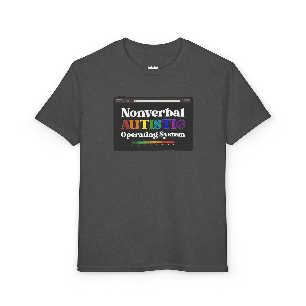 Front view of the Dark Heather youth T-shirt with the rainbow-accented tablet-style graphic — EOWD Autism Living.