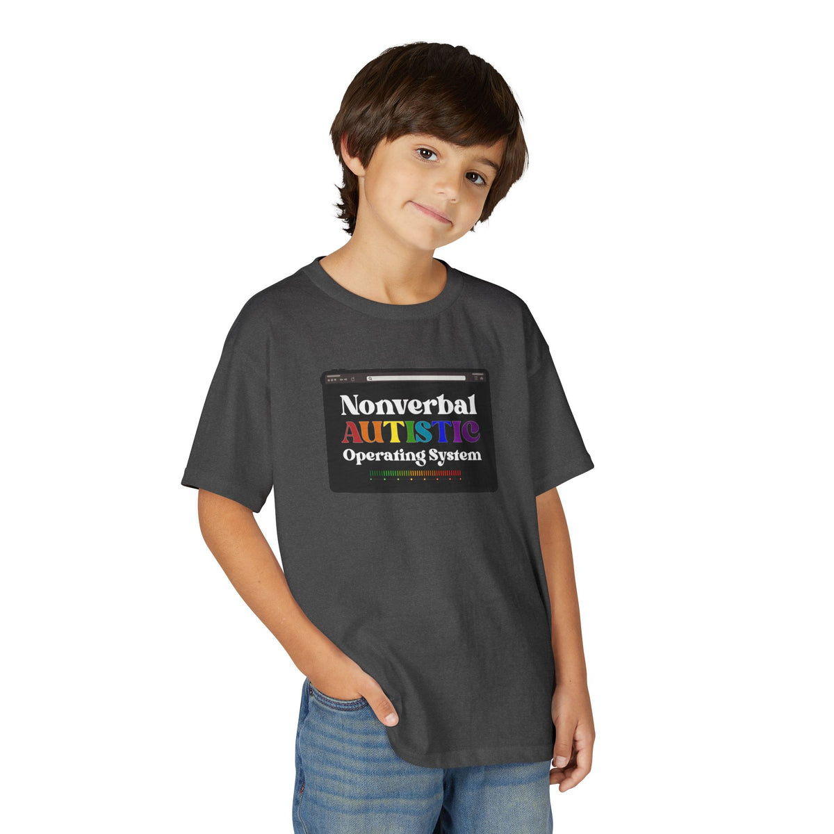 Young person wearing the Dark Heather youth T-shirt with a rainbow-accented tablet-style graphic on the front — EOWD Autism Living.