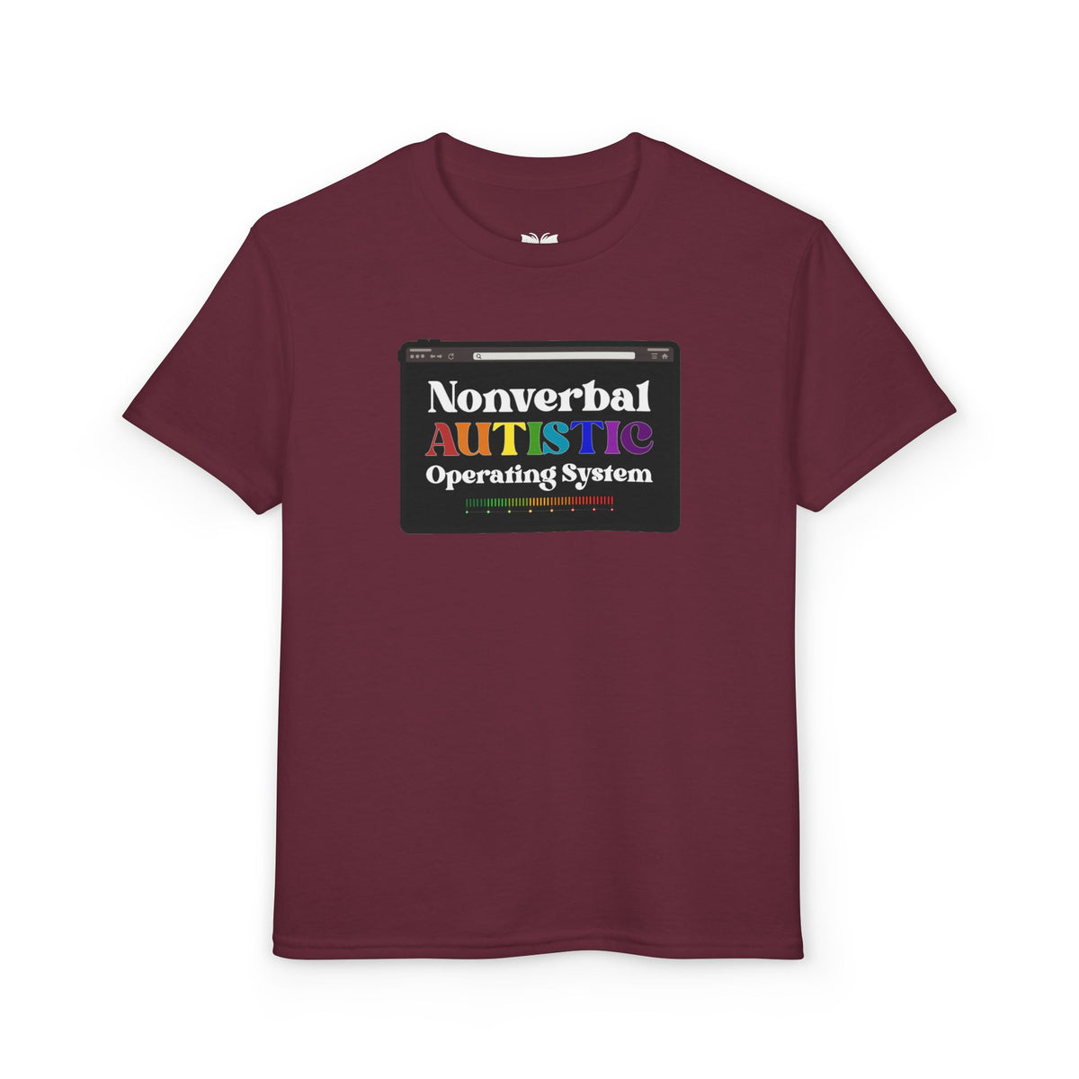 Front view of the Maroon youth T-shirt with the rainbow-accented tablet-style graphic — EOWD Autism Living.
