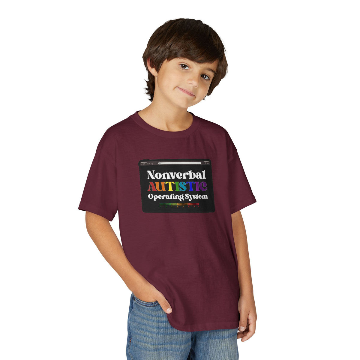 Young person wearing the Maroon youth T-shirt with a rainbow-accented tablet-style graphic on the front — EOWD Autism Living.