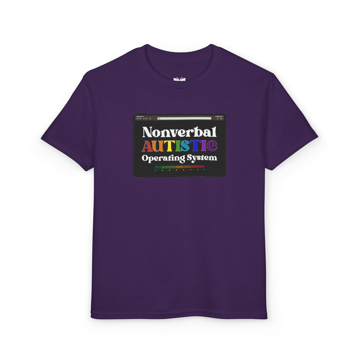 Front view of the Purple youth T-shirt with the rainbow-accented tablet-style graphic — EOWD Autism Living.