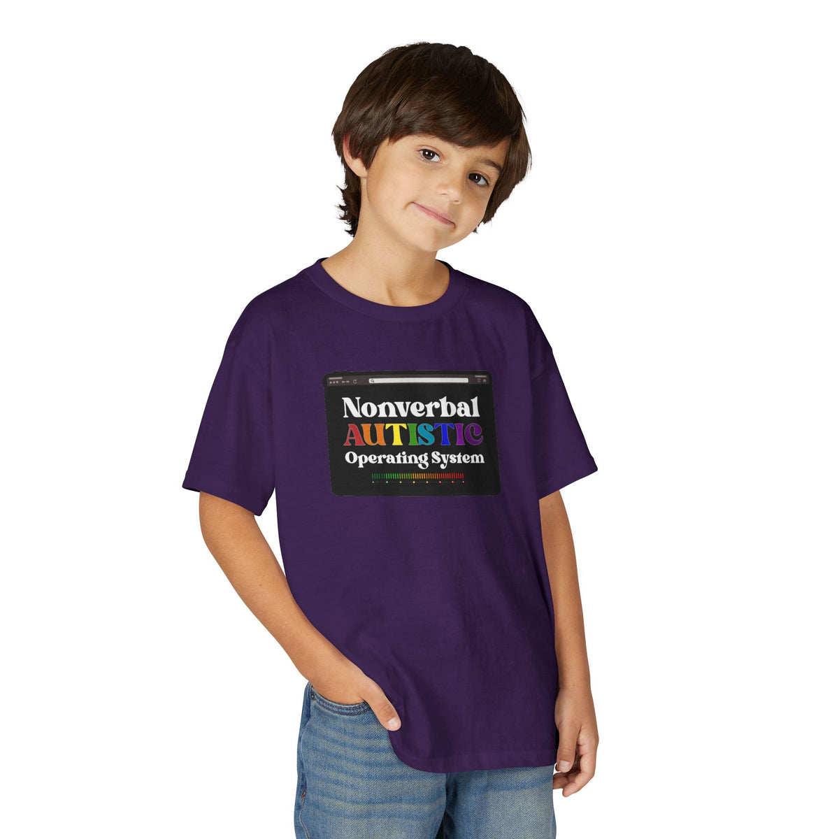 Young person wearing the Purple youth T-shirt with a rainbow-accented tablet-style graphic on the front — EOWD Autism Living.