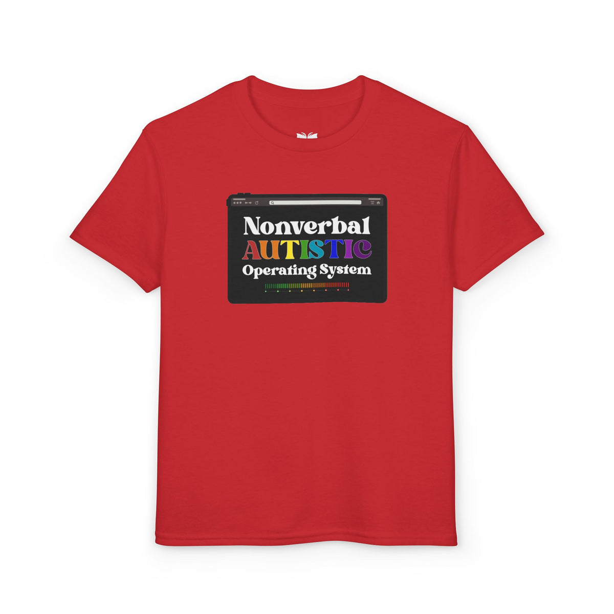 Front view of the Red youth T-shirt with the rainbow-accented tablet-style graphic — EOWD Autism Living.