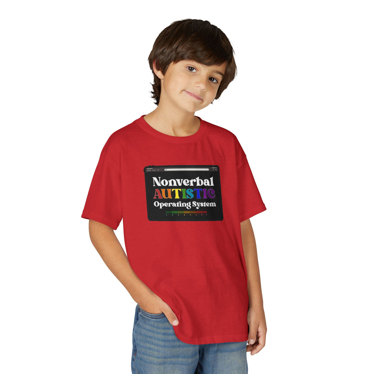 Young person wearing the Red youth T-shirt with a rainbow-accented tablet-style graphic on the front — EOWD Autism Living.