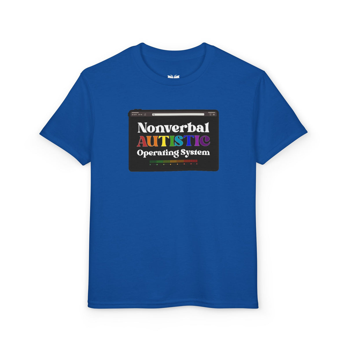 Front view of the Royal blue youth T-shirt with the rainbow-accented tablet-style graphic — EOWD Autism Living.