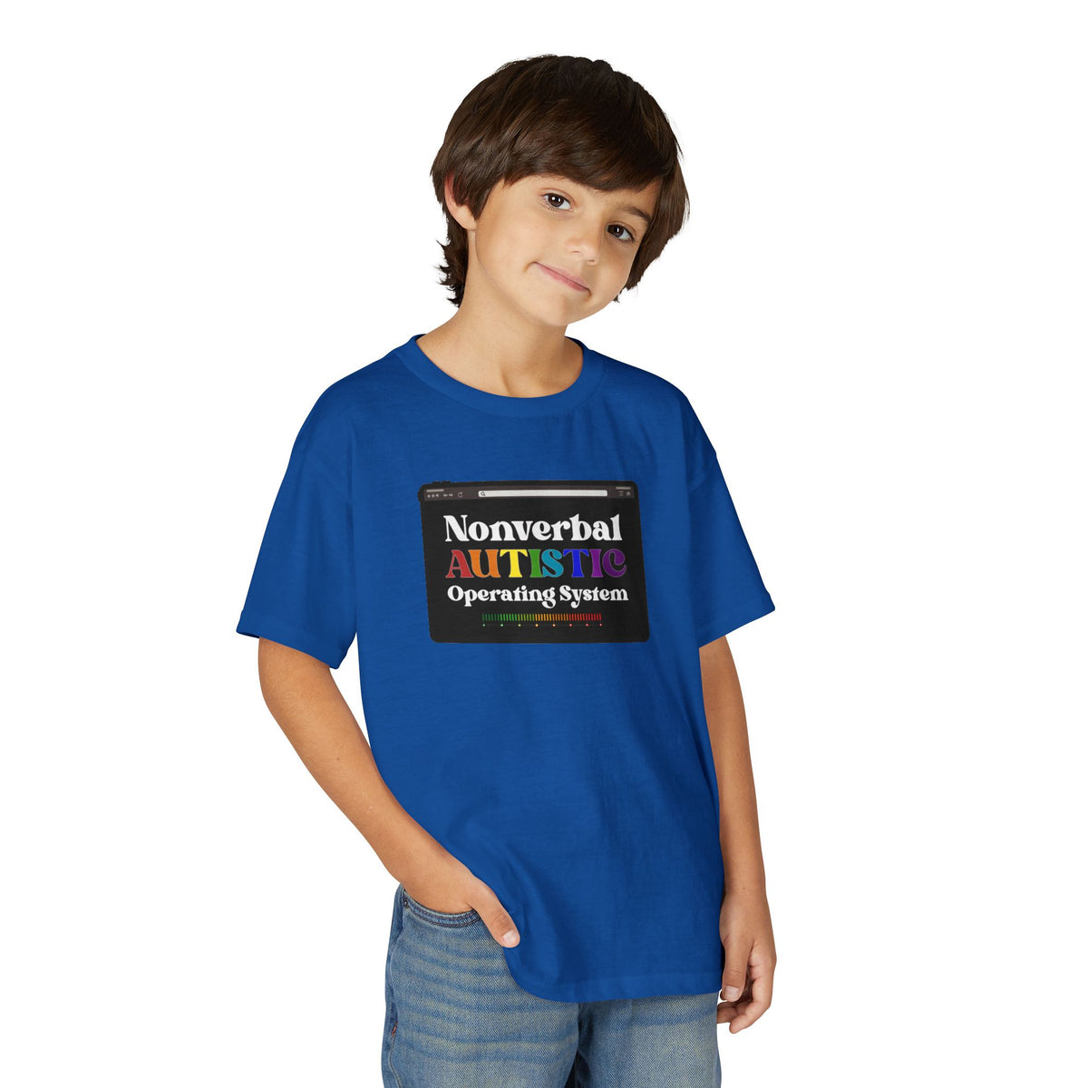 Young person wearing the Royal blue youth T-shirt with a rainbow-accented tablet-style graphic on the front — EOWD Autism Living.