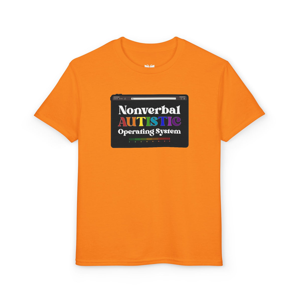 Front view of the Safety Orange youth T-shirt with the rainbow-accented tablet-style graphic — EOWD Autism Living.