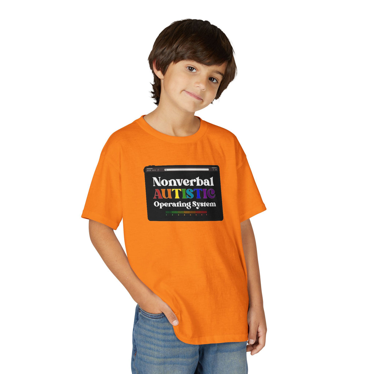 Young person wearing the Safety Orange youth T-shirt with a rainbow-accented tablet-style graphic on the front — EOWD Autism Living.