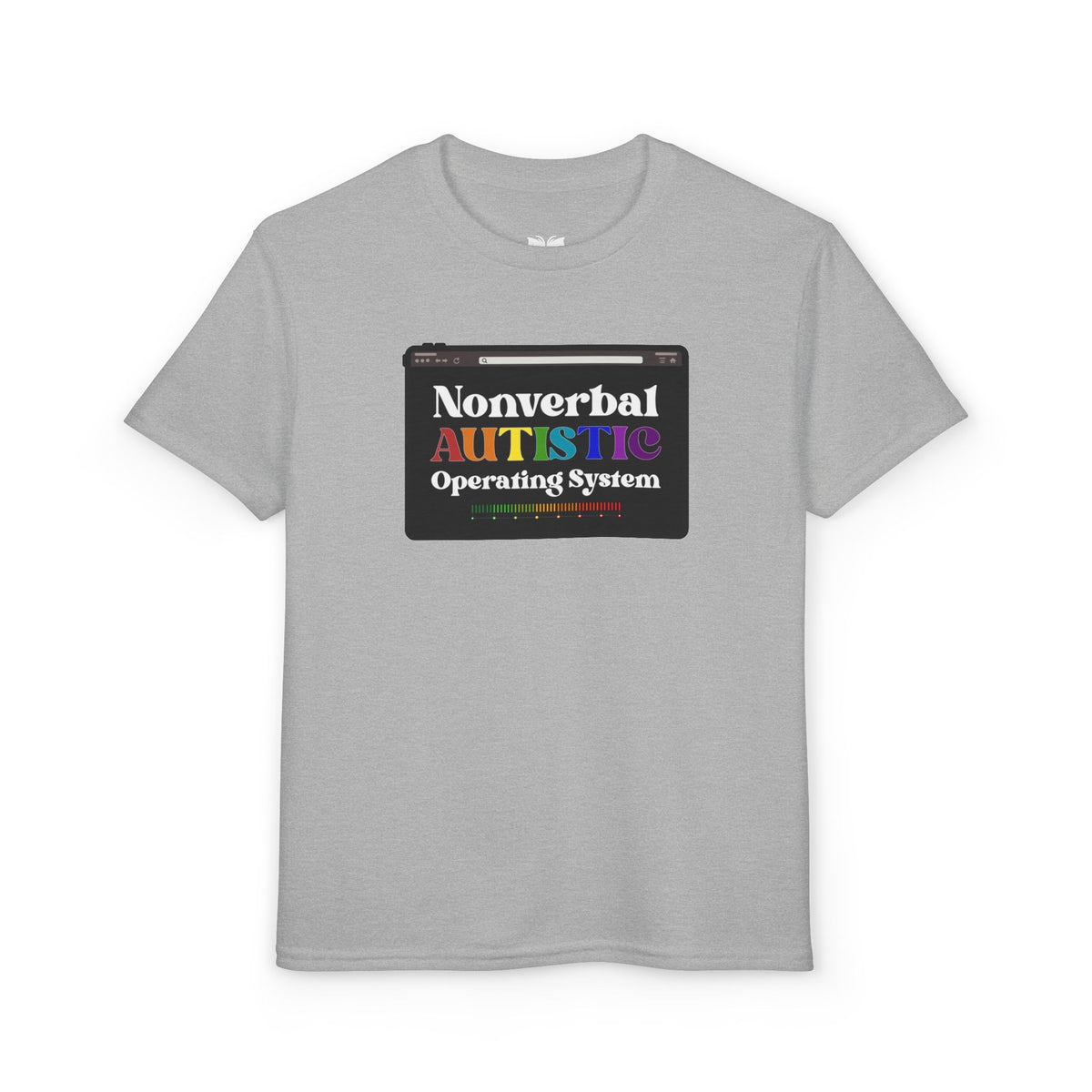 Front view of the Sport Grey youth T-shirt with the rainbow-accented tablet-style graphic — EOWD Autism Living.