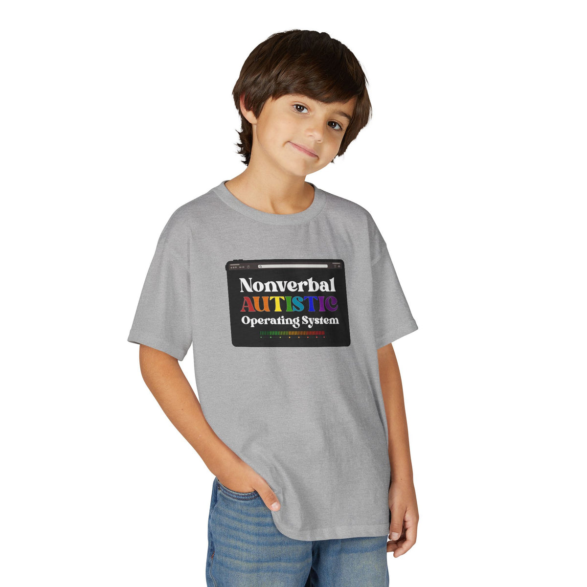 Young person wearing the Sport Grey youth T-shirt with a rainbow-accented tablet-style graphic on the front — EOWD Autism Living.
